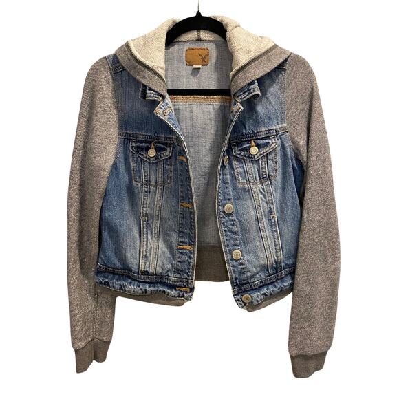 SALE! American Eagle Outfitters Hooded Denim and Jersey Jacket Size S - Picture 1 of 8